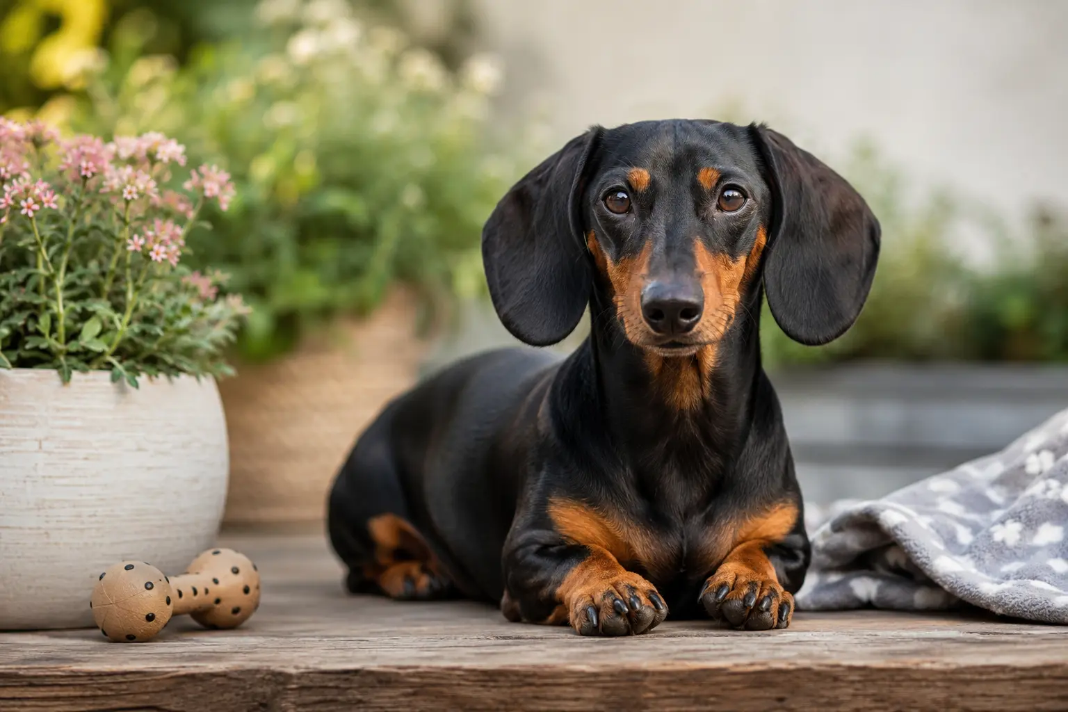Dachswelt Dackel im Garten auf Holzterrasse mit ruhiger natürlicher Umgebung