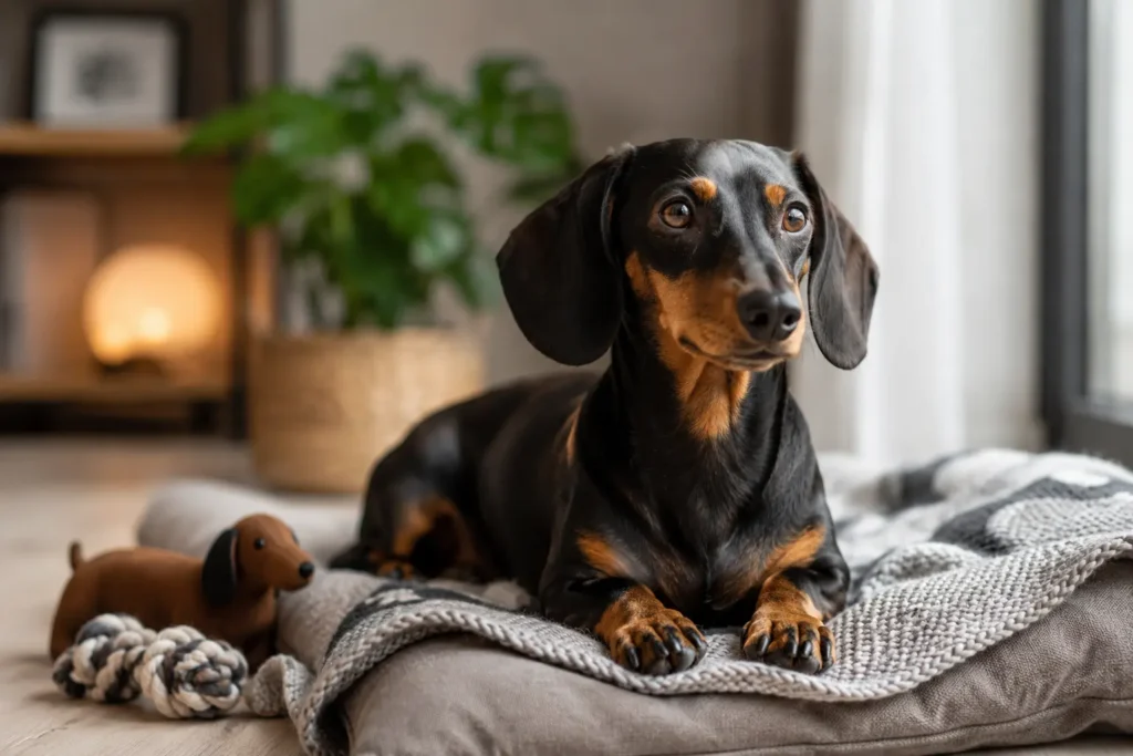 Dachswelt Dackel in modernem Wohnzimmer auf Hundebett mit gemütlicher Wohnatmosphäre