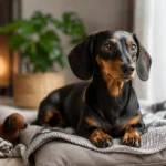 Dachswelt Dackel in modernem Wohnzimmer auf Hundebett mit gemütlicher Wohnatmosphäre
