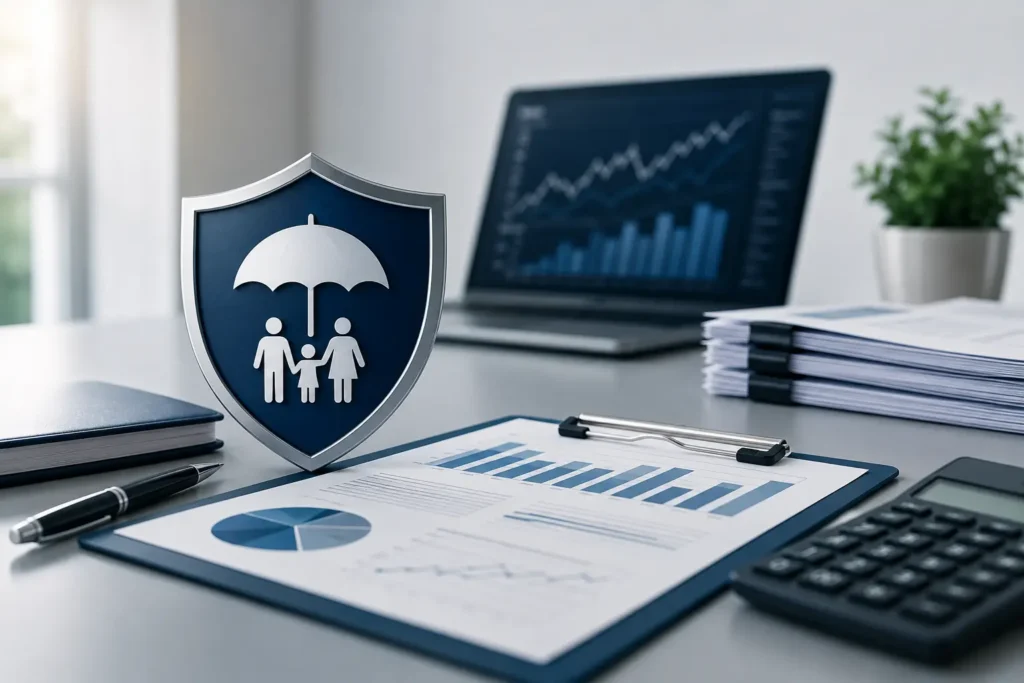 Professionelles Symbolbild zu tarifverhandlungen versicherung 2025 mit Versicherungsschutz, Finanzunterlagen und Analyse-Dashboard