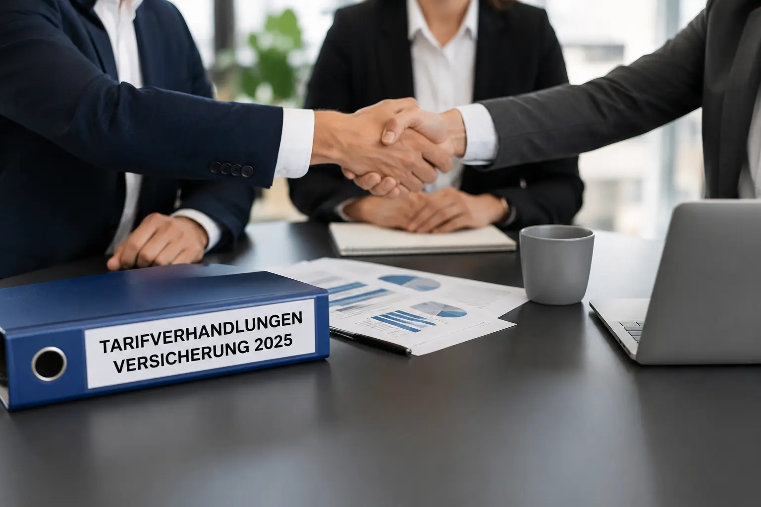Geschäftliche Verhandlungsszene zu tarifverhandlungen versicherung 2025 mit Vertragsunterlagen, Laptop und Versicherungsdokumenten