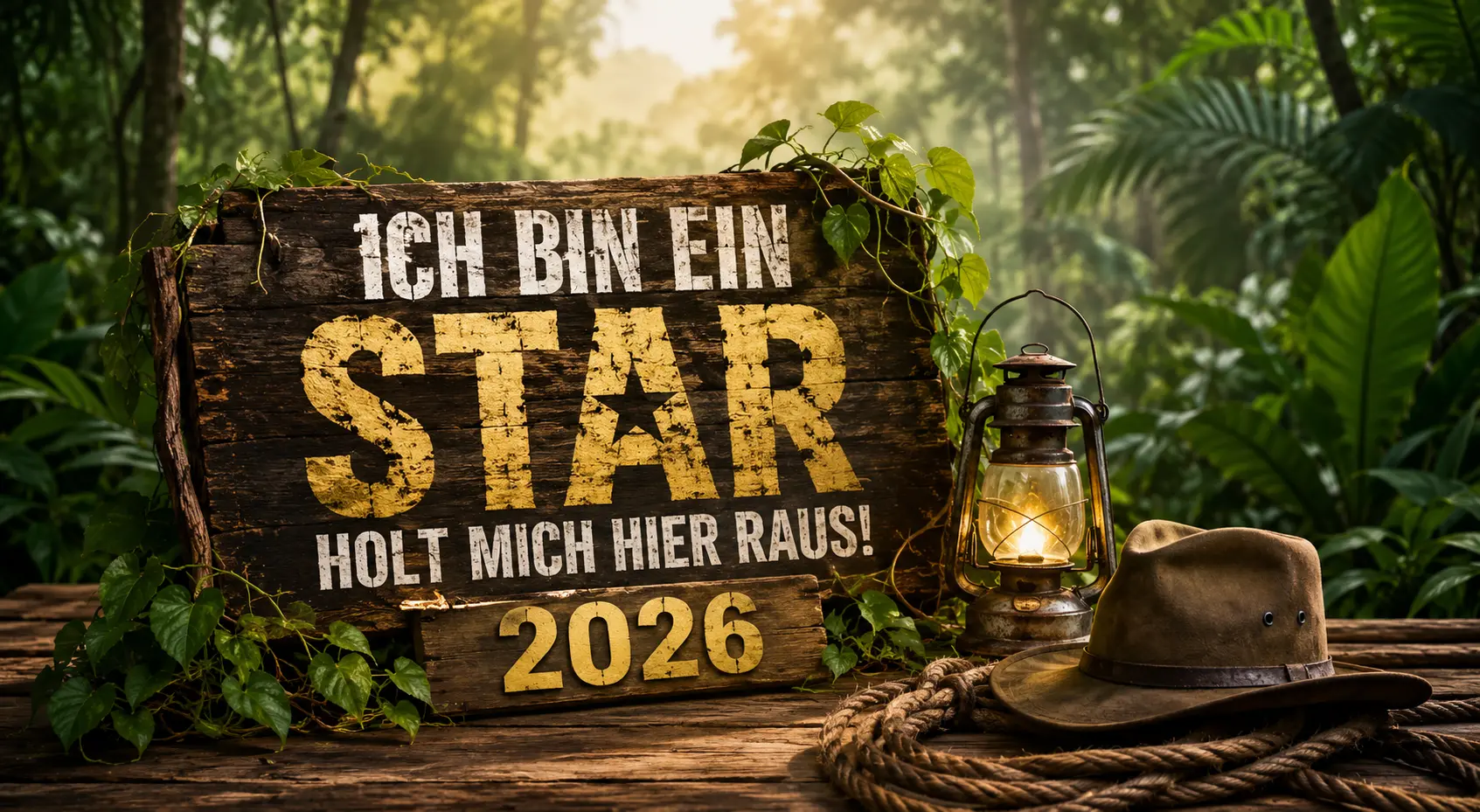 Ich bin ein Star holt mich hier raus 2026 Titelbild mit einer tropischen Dschungellandschaft, rustikalem Holzschild, Laterne und Abenteuerausrüstung ohne Personen.