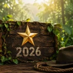 Professionelle Illustration zu Ich bin ein Star holt mich hier raus 2026 mit Dschungelkulisse, goldenem Stern, Holzschild und stimmungsvoller Outdoor-Ausrüstung ohne Menschen.