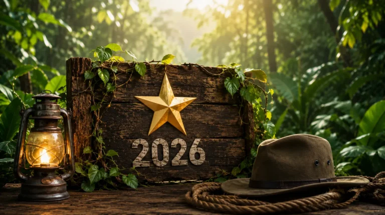 Professionelle Illustration zu Ich bin ein Star holt mich hier raus 2026 mit Dschungelkulisse, goldenem Stern, Holzschild und stimmungsvoller Outdoor-Ausrüstung ohne Menschen.