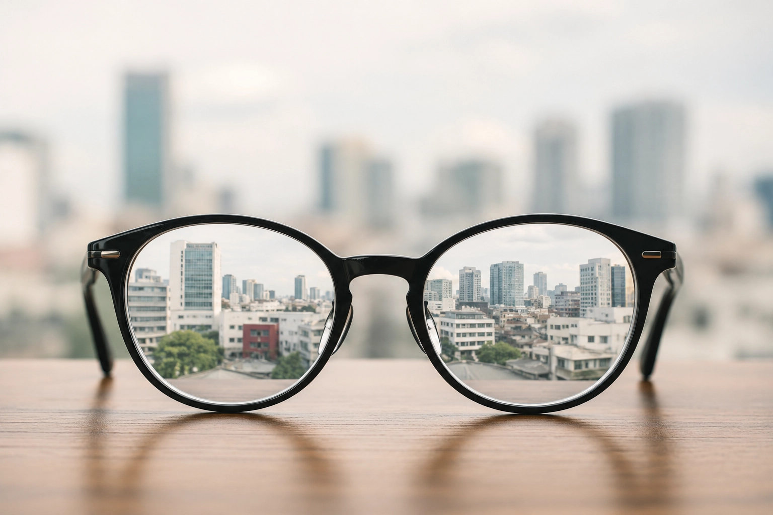 Verschwommen sehen dargestellt durch eine Brille mit scharfem Blick durch die Gläser und unscharfem Stadtbild im Hintergrund.