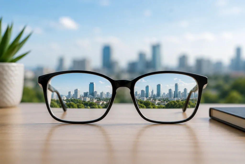 Verschwommen sehen visualisiert mit einer Brille, die eine klare Stadtsilhouette zeigt, während die Umgebung bewusst unscharf bleibt.