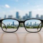 Verschwommen sehen visualisiert mit einer Brille, die eine klare Stadtsilhouette zeigt, während die Umgebung bewusst unscharf bleibt.