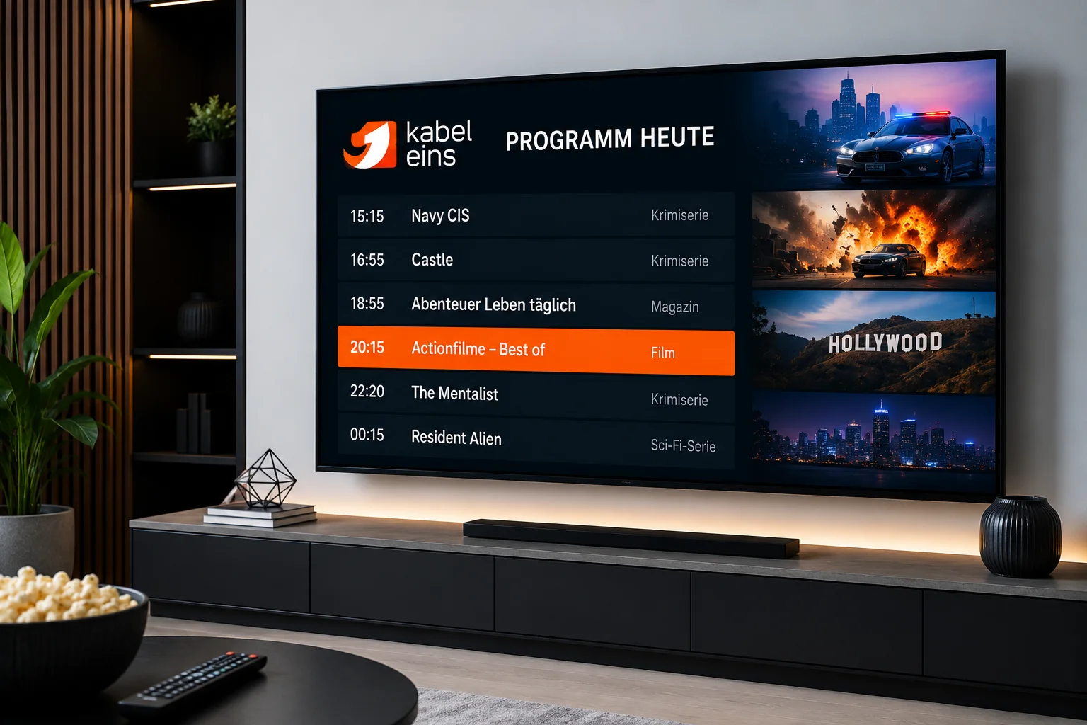 Aktuelles kabel eins programm auf großem Fernseher mit Filmen, Serien und TV-Highlights in modernem Wohnbereich