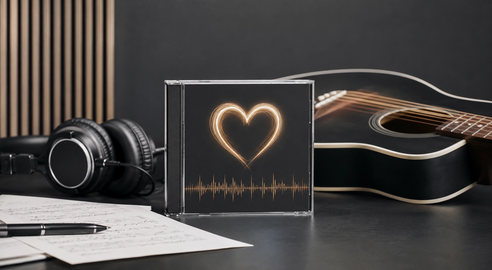 Ben Blümel – stilvolle Musikszene mit Gitarre, Kopfhörern und CD als Symbol für seine Popkarriere