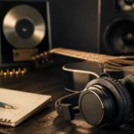 Ben Blümel – professionelles Musikstudio mit Gitarre, Notizbuch und Kopfhörern als Sinnbild seiner Musikkarriere