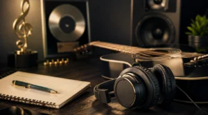 Ben Blümel – professionelles Musikstudio mit Gitarre, Notizbuch und Kopfhörern als Sinnbild seiner Musikkarriere