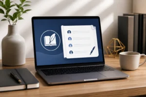 Lupa Gästebuch auf einem modernen Laptop in einer professionellen Arbeitsumgebung mit minimalistischem Schreibtischdesign.