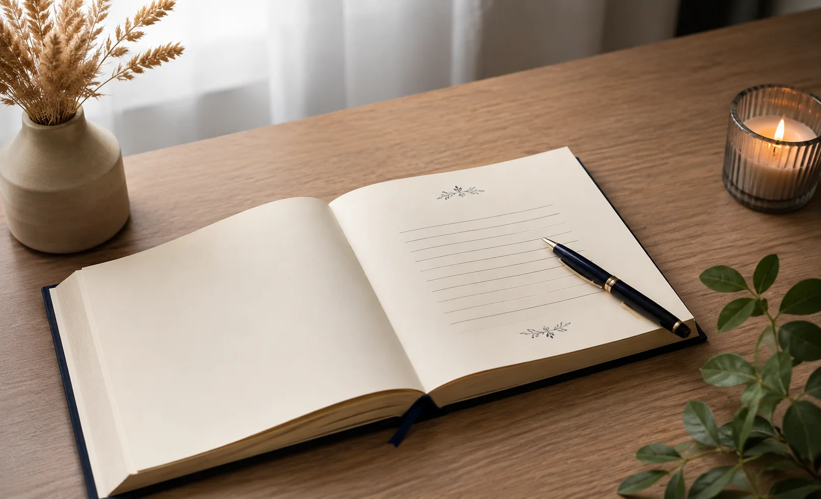 Offenes Lupa Gästebuch auf einem eleganten Holztisch mit Notizbuch und stilvollen Dekorationselementen in ruhiger Atmosphäre.