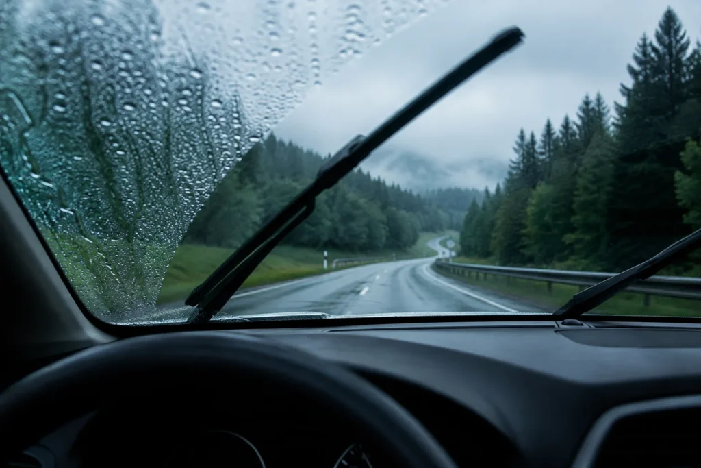 Wie können Sie ausreichende Sicht durch die Frontscheibe erhalten? Saubere Frontscheibe mit funktionierenden Scheibenwischern bei Regen für eine sichere Fahrt.