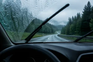 Wie können Sie ausreichende Sicht durch die Frontscheibe erhalten? Saubere Frontscheibe mit funktionierenden Scheibenwischern bei Regen für eine sichere Fahrt.