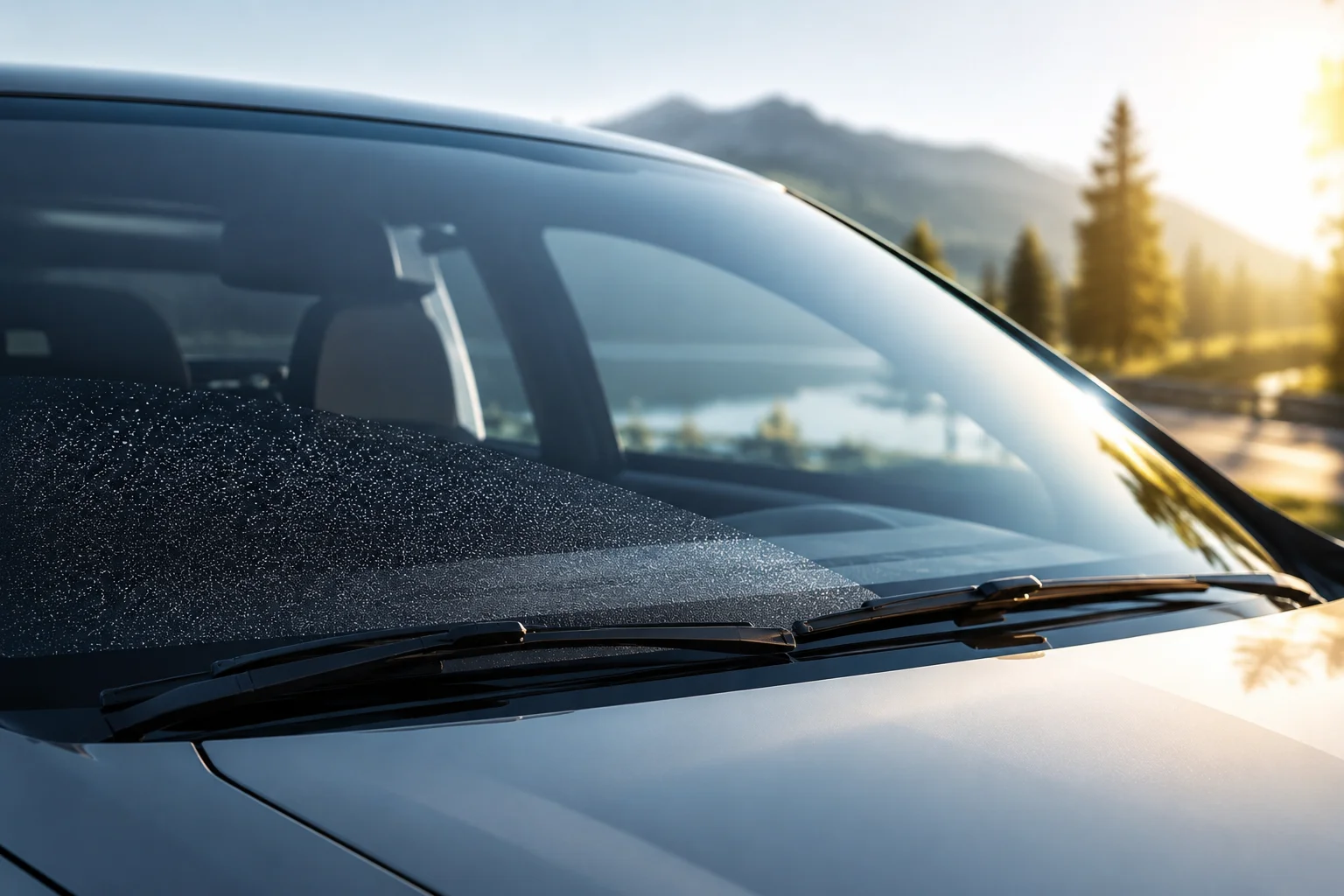 Wie können Sie ausreichende Sicht durch die Frontscheibe erhalten? Moderne Fahrzeugfront mit sauberer Windschutzscheibe und Scheibenwischern bei klarem Wetter.