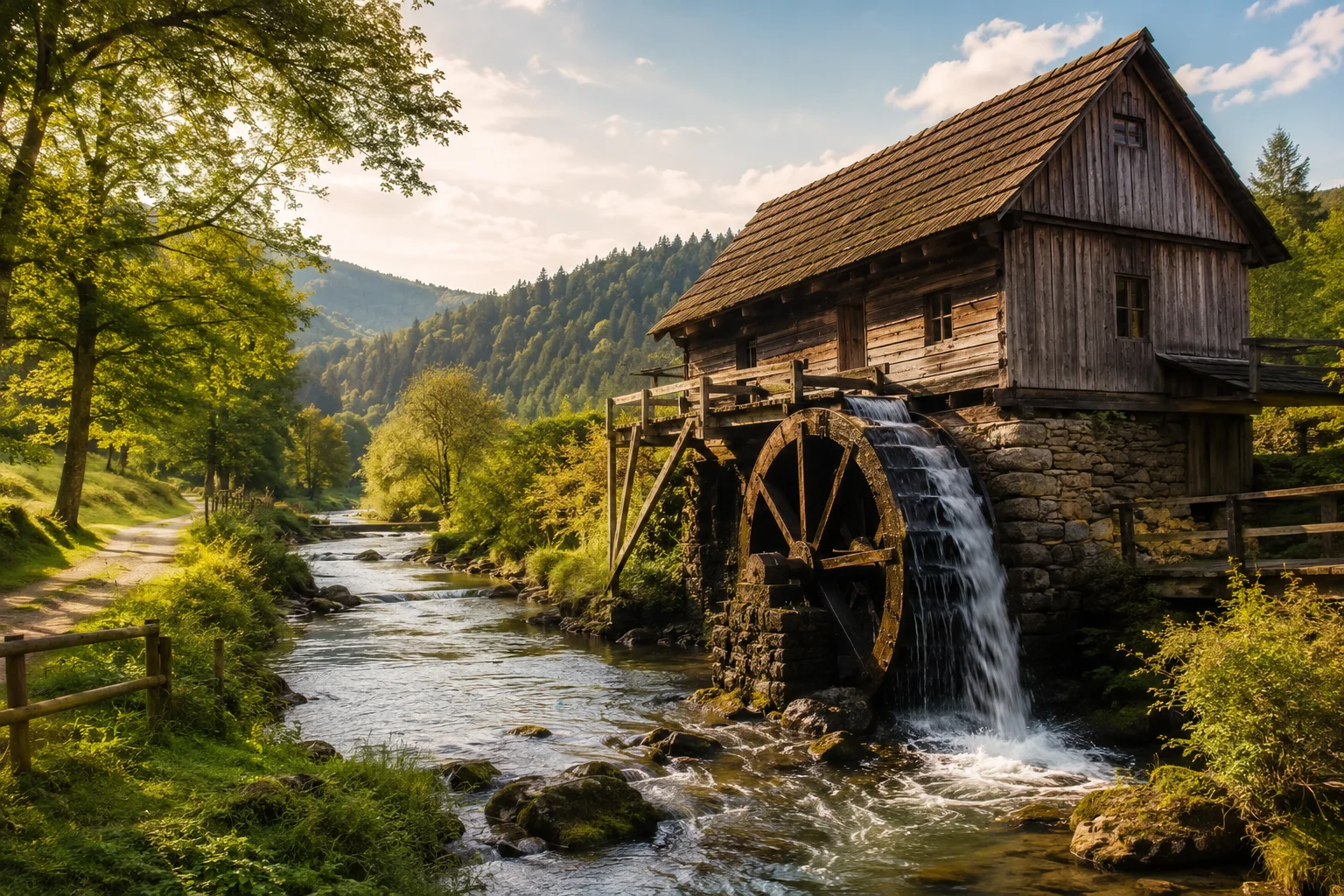 Das Wander ist des Müllers Lust Text mit historischem Wasserrad und alter Mühle in einer idyllischen Landschaft