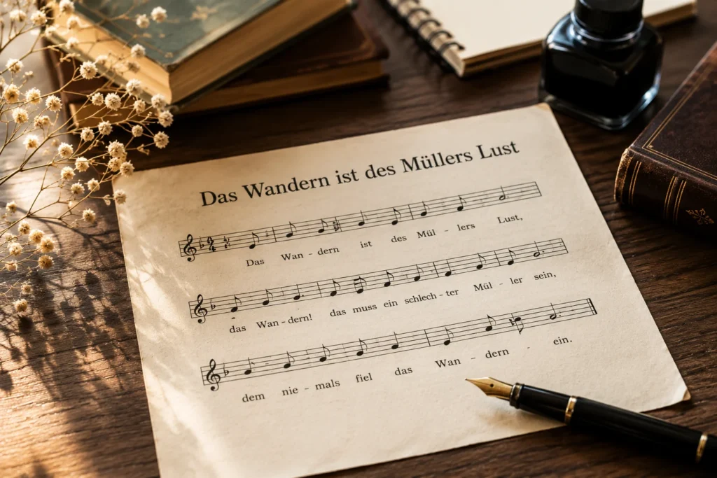 Das Wander ist des Müllers Lust Text als historische Notenseite mit Feder, Tinte und klassischen Büchern auf Holztisch
