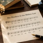 Das Wander ist des Müllers Lust Text als historische Notenseite mit Feder, Tinte und klassischen Büchern auf Holztisch