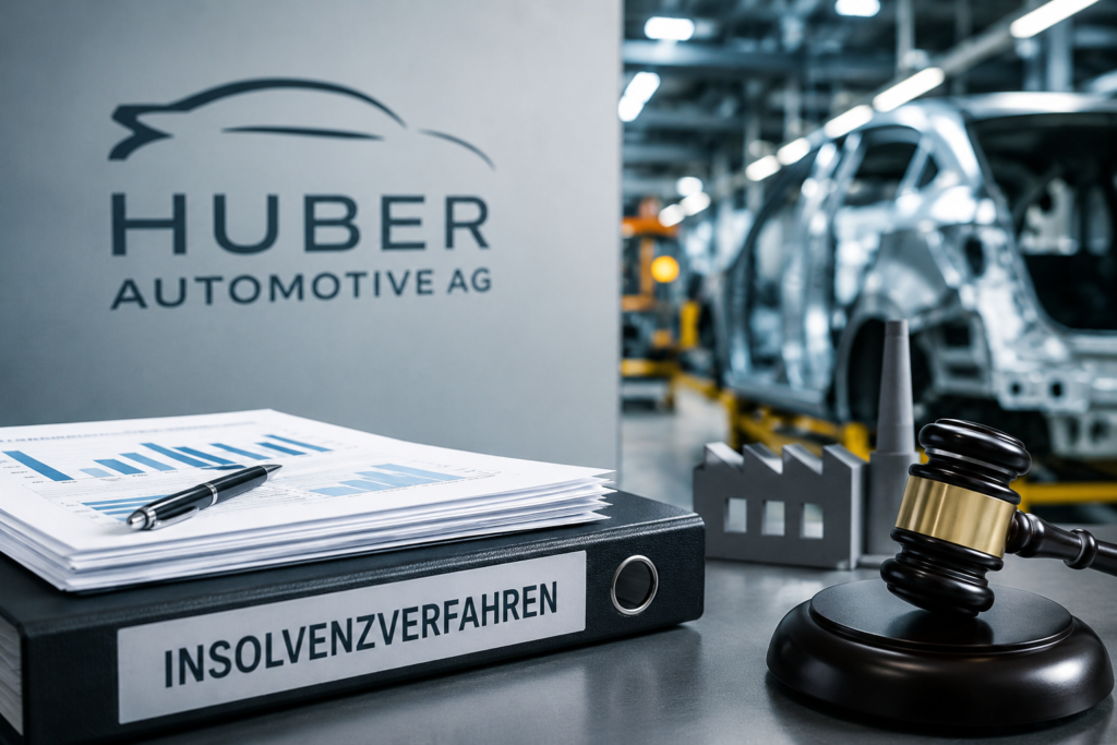 Moderne Büroszene zum Thema Huber Automotive AG Insolvenzverwalter mit Finanzdokumenten, Waage der Justiz und juristischen Symbolen.