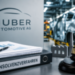 Moderne Büroszene zum Thema Huber Automotive AG Insolvenzverwalter mit Finanzdokumenten, Waage der Justiz und juristischen Symbolen.