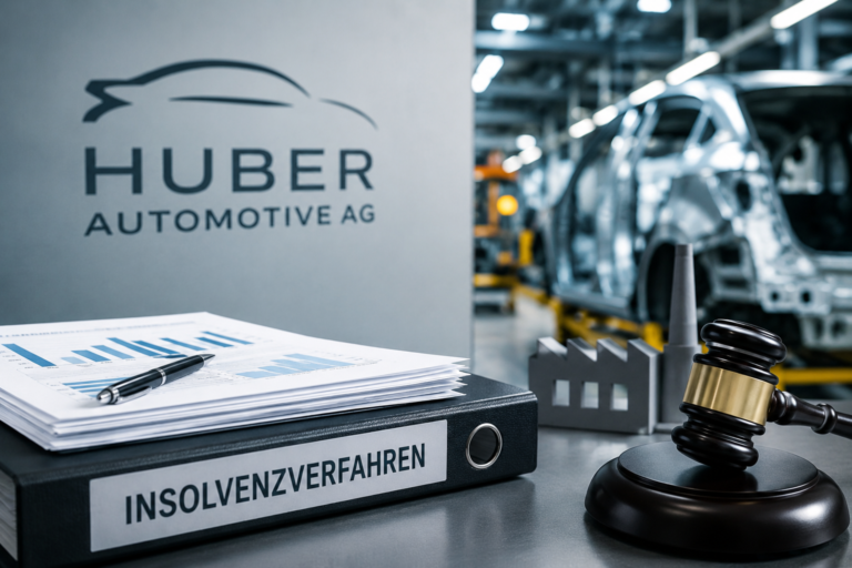 Moderne Büroszene zum Thema Huber Automotive AG Insolvenzverwalter mit Finanzdokumenten, Waage der Justiz und juristischen Symbolen.