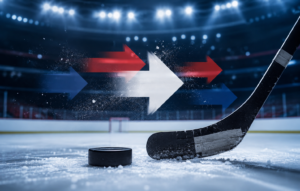 del2 gerüchte rund um Transfers und Vereinswechsel symbolisch dargestellt mit Eishockeyschläger und Puck auf einer Eisfläche.