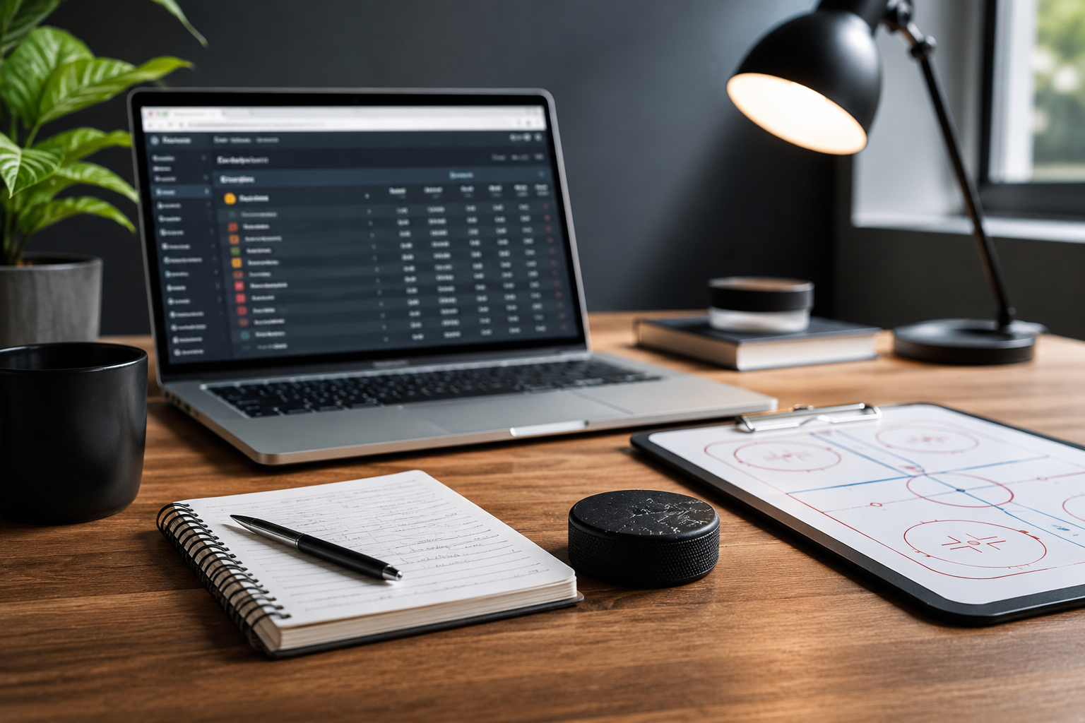 del2 gerüchte analysieren mit Spieltaktik, Laptop und Eishockey-Planung in einer modernen redaktionellen Arbeitsumgebung.