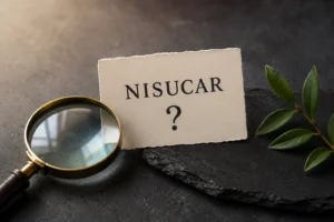 Minimalistische Editorial-Grafik zum Thema nisucar mit Lupe und Karte als Symbol für Bedeutung, Recherche und Hintergrundinformationen.