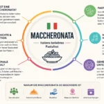 Infografik zur maccheronata mit Überblick über Geschichte, Tradition, regionale Besonderheiten und die Bedeutung des italienischen Pastafests.