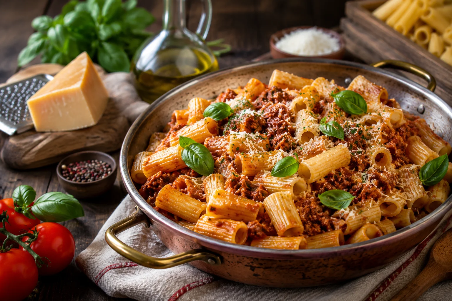 Traditionelle maccheronata mit italienischer Pasta, würziger Ragù-Soße, frischem Basilikum und Parmesan in einer rustikalen Servierpfanne.