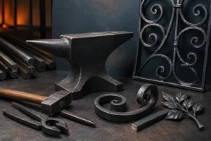 Ausbildung Schmied mit Amboss, Schmiedewerkzeugen und kunstvoll geschmiedeten Metallarbeiten in moderner Werkstatt