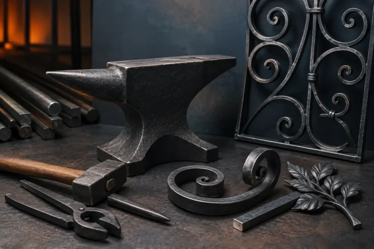 Ausbildung Schmied mit Amboss, Schmiedewerkzeugen und kunstvoll geschmiedeten Metallarbeiten in moderner Werkstatt