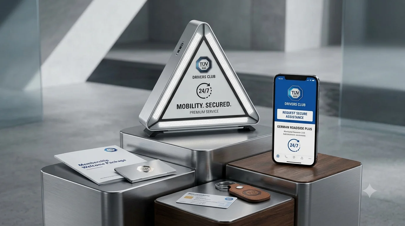 TÜV SÜD Drivers Club Mitgliedschaft mit Auto, Fahrzeugschlüssel und Pannenhilfe-Konzept als professionelle Editorial-Darstellung.