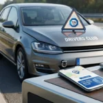 Modernes Fahrzeug vor einer TÜV-Prüfstation als Symbol für den TÜV SÜD Drivers Club und zuverlässige Mobilitätsservices.