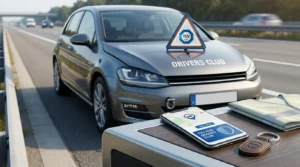 Modernes Fahrzeug vor einer TÜV-Prüfstation als Symbol für den TÜV SÜD Drivers Club und zuverlässige Mobilitätsservices.